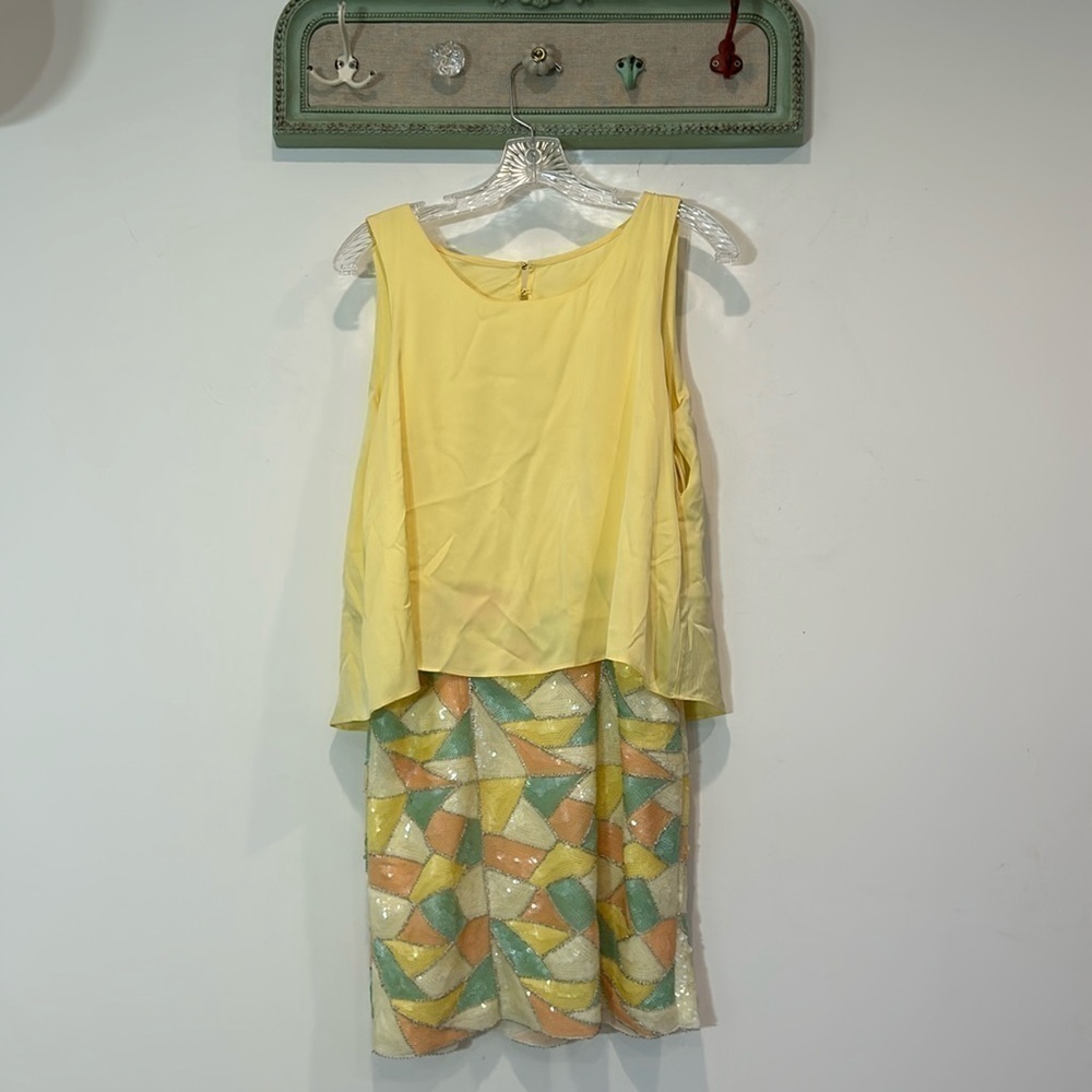 Ali Ro Pastel Yellow Silk Tank Geometric Sequins Skirt Mini Dress Women 4 small